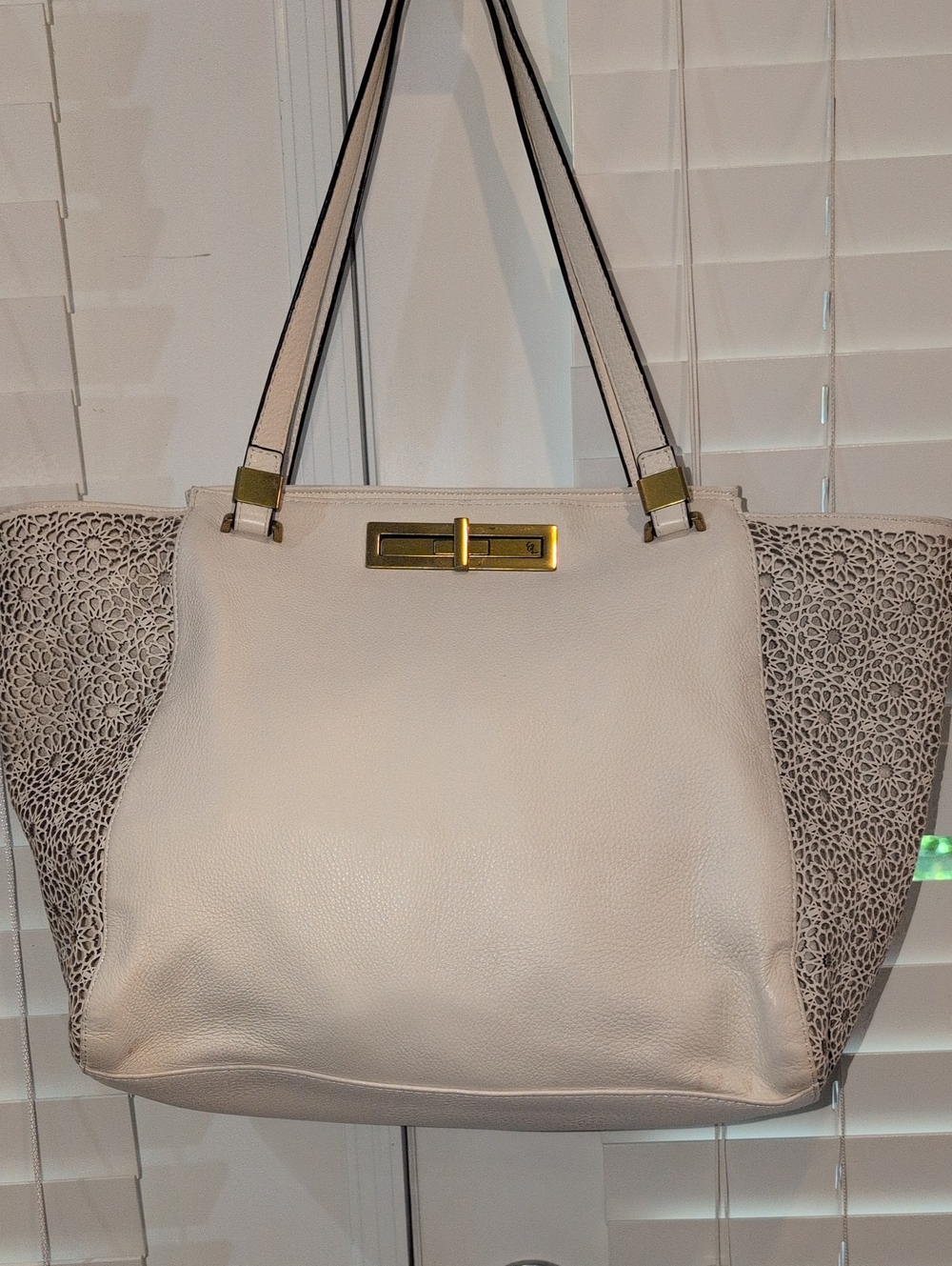 Elliott Lucca Cream Leather Tote with Laser-Cut Side Panels, Brass Tone Hardware
